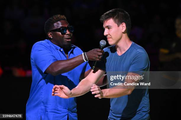 Bojo introduces Jeopardy Masters champion James Holzhauer before a SlamBall game between the Mob and Slashers at the Cox Pavilion on August 03, 2023...