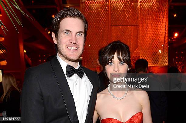 Writer Jamie Linden and actress Zooey Deschanel attend the FOX After Party for the 70th Annual Golden Globe Awards held at The FOX Pavillion at The...