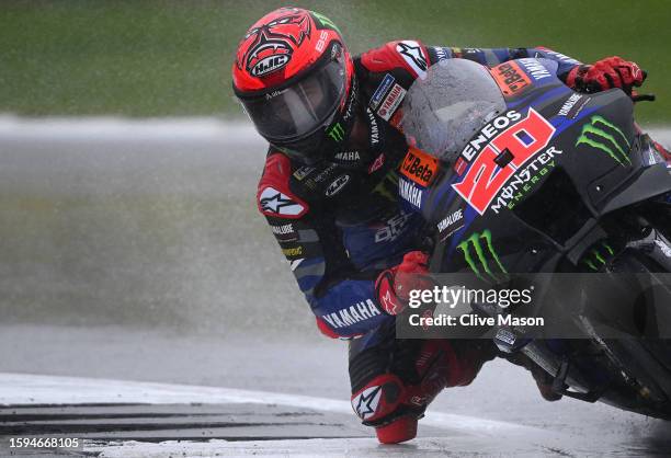 Fabio Quartararo of France in action during the MotoGP of Great Britain - Second Qualifying at Silverstone Circuit on August 05, 2023 in Northampton,...