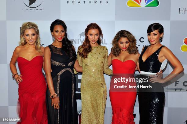 Singers Mollie King, Rochelle Humes, Una Healy, Vanessa White, Frankie Sandford of Chasing the Saturdays arrive at the NBCUniversal Golden Globes...