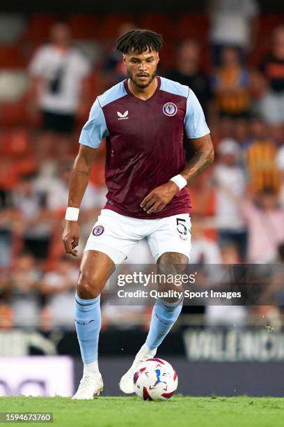 Tyrone Mings of Aston Villa controls the ball during the Pre Season Friendly match between Valencia CF and Aston Villa at Estadio Mestalla on August...