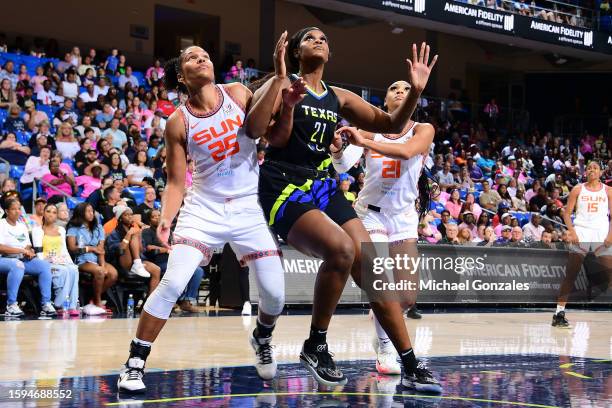 Kalani Brown of the Dallas Wings plays defense during the game against the Connecticut Sun on August 12, 2023 at the College Park Center in...