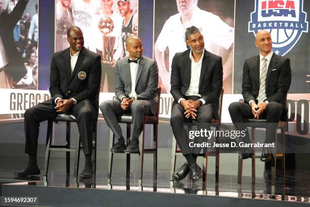 David Robinson, Tony Parker, Tim Duncan and Manu Ginobiliat at the 2023 Basketball Hall of Fame Enshrinement Ceremony on August 12, 2023 at...