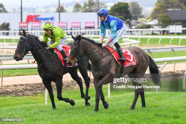 Billy Egan returns to the mounting yard on Lord Porchester after winning the Moe Denture Clinic Maiden Plate, at Moe Racecourse on August 13, 2023 in...