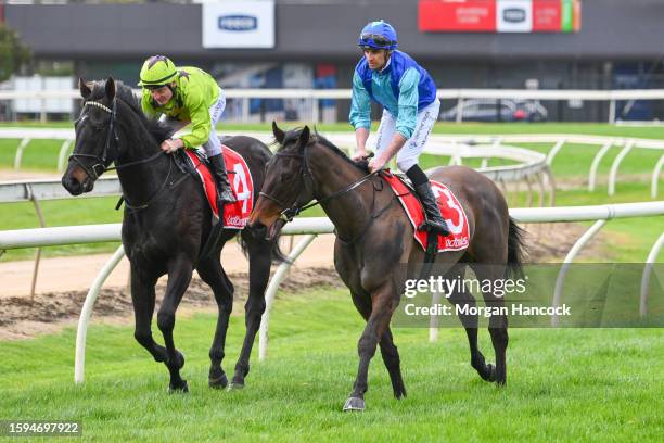 Billy Egan returns to the mounting yard on Lord Porchester after winning the Moe Denture Clinic Maiden Plate, at Moe Racecourse on August 13, 2023 in...