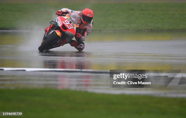 Marc Marquez of Spain in action during the MotoGP of Great Britain - Second Free Practice at Silverstone Circuit on August 05, 2023 in Northampton,...