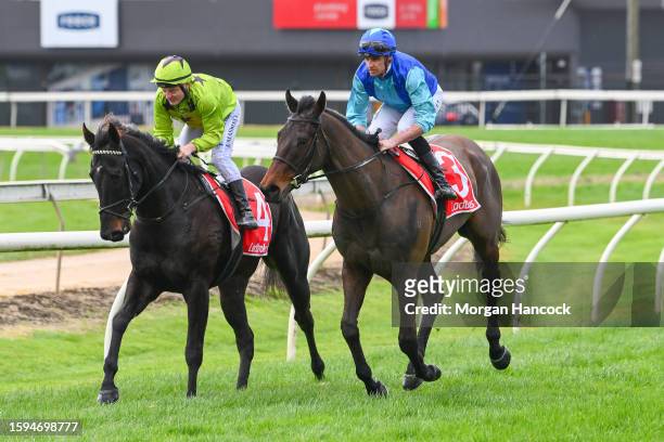 Billy Egan returns to the mounting yard on Lord Porchester after winning the Moe Denture Clinic Maiden Plate, at Moe Racecourse on August 13, 2023 in...
