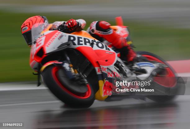 Marc Marquez of Spain in action during the MotoGP of Great Britain - Second Free Practice at Silverstone Circuit on August 05, 2023 in Northampton,...