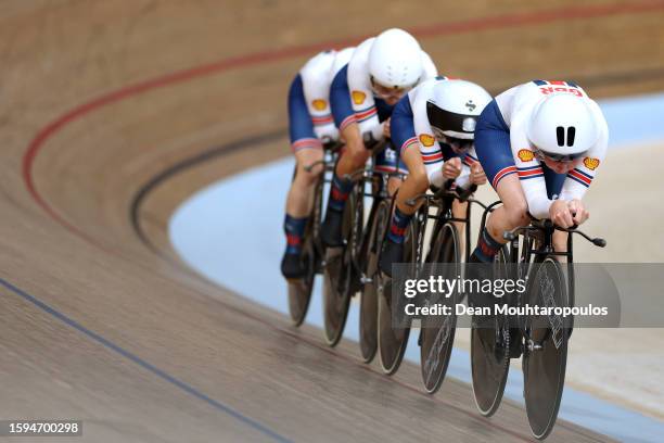 Katie Archibald, Elinor Barker, Josie Knight and Anna Morris of Great Britain or Team GB compete during the women elite team pursuit - Gold Medal...