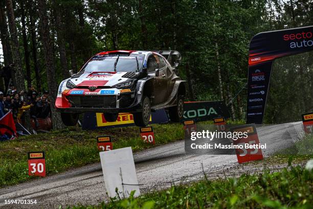 Elfyn Evans of Great Britain and Scott Martin of Great Britain compete with their Toyota Gazoo Racing WRT Toyota GR Yaris Rally1 during Day Three of...