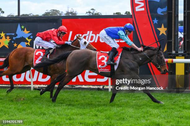 Lord Porchester ridden by Billy Egan wins the Moe Denture Clinic Maiden Plate at Moe Racecourse on August 13, 2023 in Moe, Australia.