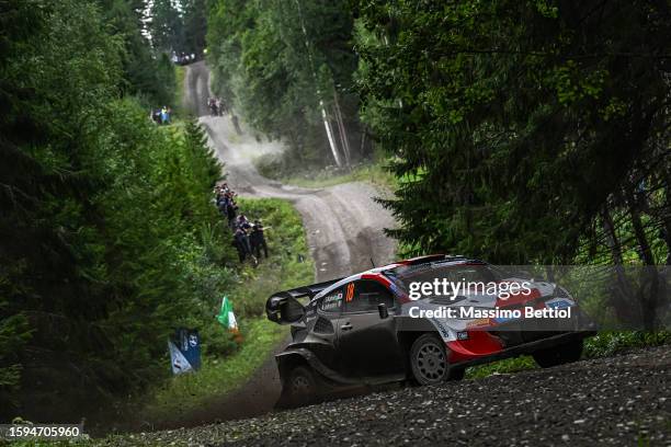 Takamoto Katsuta of Japan and Aaron Johnston of Ireland compete with their Toyota Gazoo Racing WRT Toyota GR Yaris Rally1 during Day Three of the FIA...