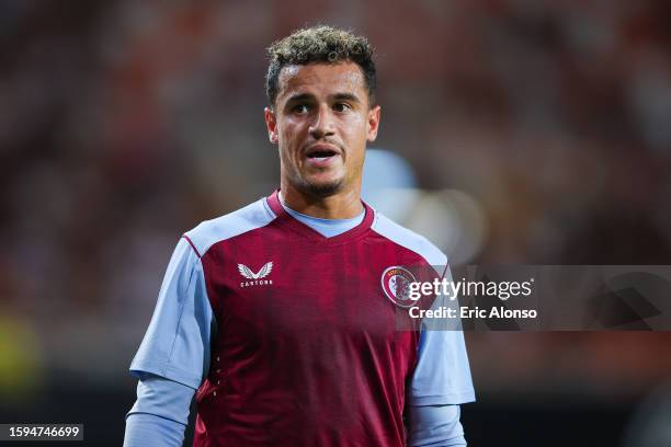 Philippe Coutinho of Aston Villa looks on during the Trofeu Taronja match between Valencia CF and Aston Villa at Estadio Mestalla on August 05, 2023...