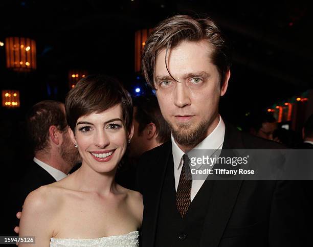 Actress Anne Hathaway and director Andy Muschietti attend the NBC/Universal/Focus Features/E! Networks Golden Globe Awards Celebration Designed And...