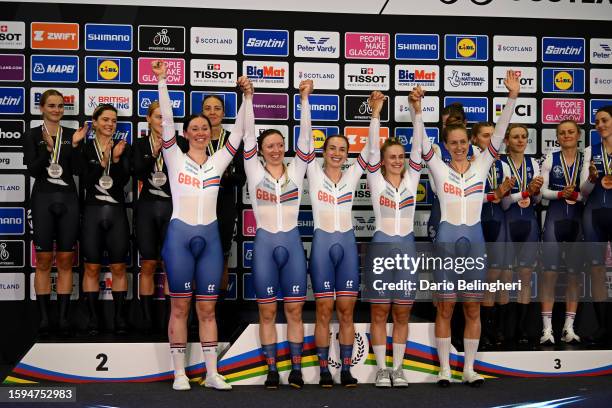 Katie Archibald, Elinor Barker, Josie Knight and Anna Morris of Great Britain or Team GB compete during the women elite team pursuit at the 96th UCI...