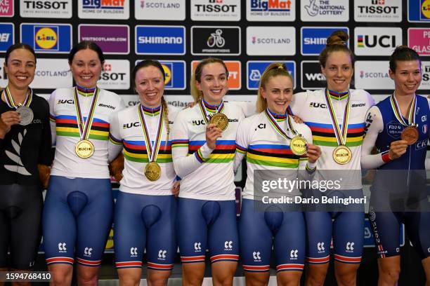 Katie Archibald, Elinor Barker, Megan Barker, Josie Knight and Anna Morris of Great Britain or Team GB celebrate on the podium of the women elite...