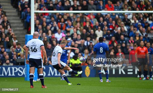 Finn Russell of Scotland kicks a second half penalty during the Summer International match between Scotland and France at BT Murrayfield Stadium on...