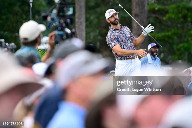 Billy Horschel of the United States plays his shot from the 16th tee during the third round of the Wyndham Championship at Sedgefield Country Club on...