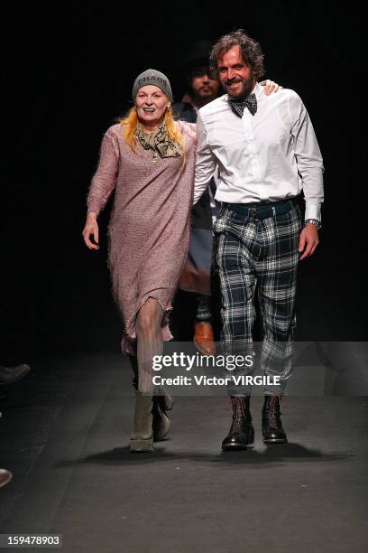 Designer Vivienne Westwood and Andreas Kronthaler at the finale of her Vivienne Westwood Ready to Wear Fall/Winter 2013-2014 show as part of Milan...