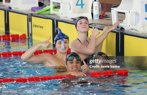 Athletes from Wales pose during training ahead of the swimming competition on day one of the 2023 Youth Commonwealth Games at National Aquatic Centre...