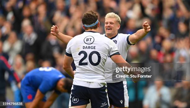 Rory Darge and Darcy Graham of Scotland celebrate victory on the final whistle during the Summer International match between Scotland and France at...