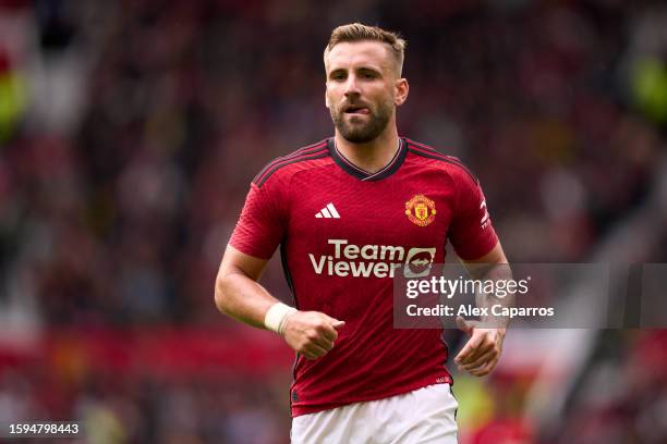 Luke Shaw of Manchester United looks on during the pre-season friendly match between Manchester United and RC Lens at Old Trafford on August 05, 2023...