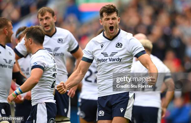 Blair Kinghorn of Scotland celebrates victory on the final whistle during the Summer International match between Scotland and France at BT...