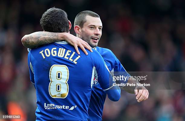 Marc Richards of Chesterfield celebrates with team mate Sam Togwell after scoring his 2nd and his sides 3rd goal during the npower League Two match...