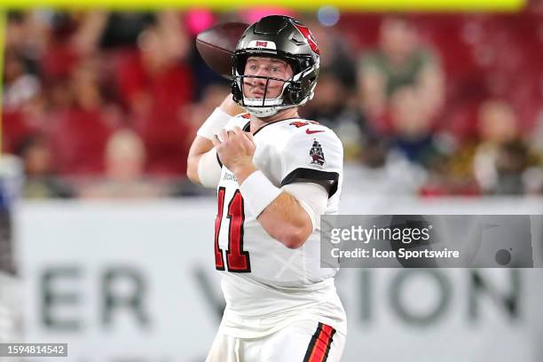 Tampa Bay Buccaneers Quarterback John Wolford throws a pass during the preseason game between the Pittsburgh Steelers and the Tampa Bay Buccaneers on...