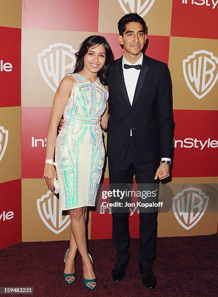Actress Freida Pinto and actor Dev Patel arrive at the InStyle And Warner Bros. Golden Globe Party at The Beverly Hilton Hotel on January 13, 2013 in...