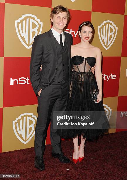 Actor Evan Peters and actress Emma Roberts arrive at the InStyle And Warner Bros. Golden Globe Party at The Beverly Hilton Hotel on January 13, 2013...