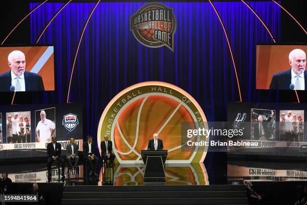 Gregg Popovich speaks during the 2023 Basketball Hall of Fame Enshrinement Ceremony on August 12, 2023 at Symphony Hall in Springfield,...