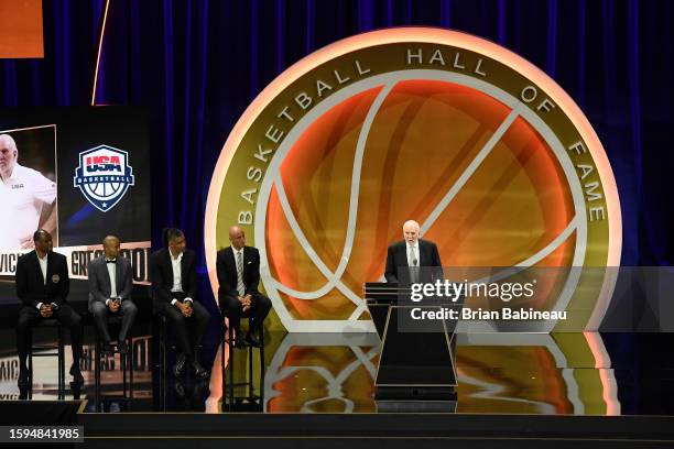 Gregg Popovich speaks during the 2023 Basketball Hall of Fame Enshrinement Ceremony on August 12, 2023 at Symphony Hall in Springfield,...