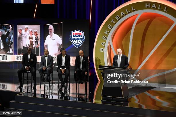 Gregg Popovich speaks during the 2023 Basketball Hall of Fame Enshrinement Ceremony on August 12, 2023 at Symphony Hall in Springfield,...