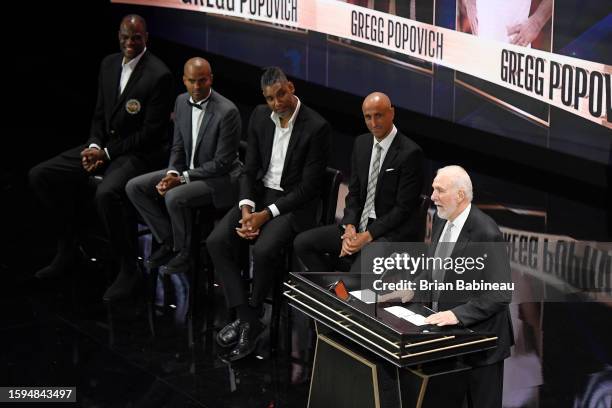 Gregg Popovich speaks during the 2023 Basketball Hall of Fame Enshrinement Ceremony on August 12, 2023 at Symphony Hall in Springfield,...