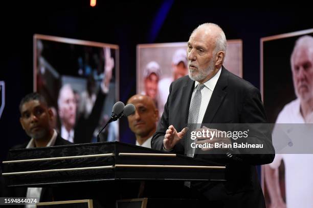 Gregg Popovich speaks during the 2023 Basketball Hall of Fame Enshrinement Ceremony on August 12, 2023 at Symphony Hall in Springfield,...