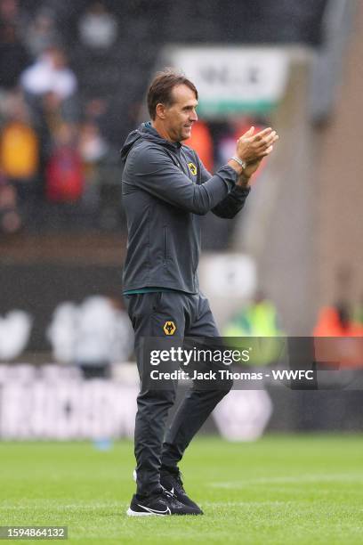 Julen Lopetegui, Manager of Wolverhampton Wanderers shows appreciation to the fans following victory in the pre-season friendly match between...