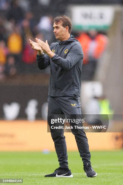 Julen Lopetegui, Manager of Wolverhampton Wanderers shows appreciation to the fans following victory in the pre-season friendly match between...