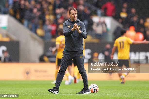 Julen Lopetegui, Manager of Wolverhampton Wanderers shows appreciation to the fans following victory in the pre-season friendly match between...
