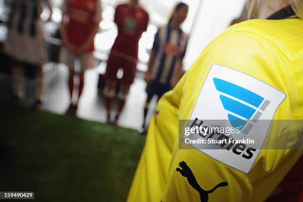 The Hermes badge on a football shirt during the press conference to announce Hermes as the new DFL premium sponsor on January 14, 2013 in Hamburg,...