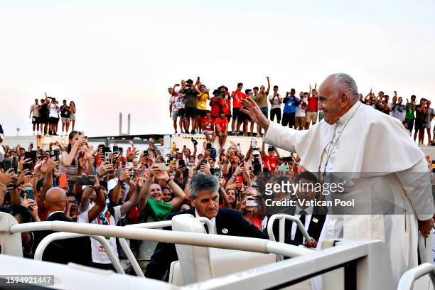 Pope Francis attends the Vigil on the fifth day of World Youth Day at Parque Tejo on August 05, 2023 in Lisbon, Portugal. Pope Francis visits...