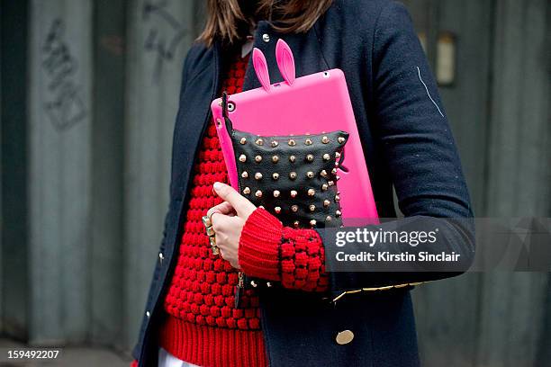 Sophie Warburton Fashion Assistant at The Telegraph wearing a Marc by Marc Jacobs Hat and Ipad case, Shirt from E bay, Markus Lupfer Jumper,...