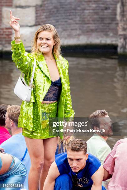 Countess Eloise van Oranje of The Netherlands on a boat during the Canal Pride Amsterdam on August 5, 2023 in Amsterdam, Netherlands.