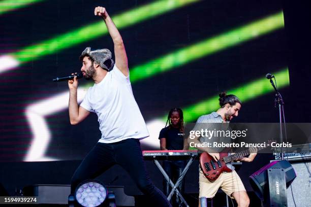 Jack Metzger of the group AJR performs as the opening act for Imagine Dragons at Circo Massimo on August 5, 2023 in Rome, Italy.