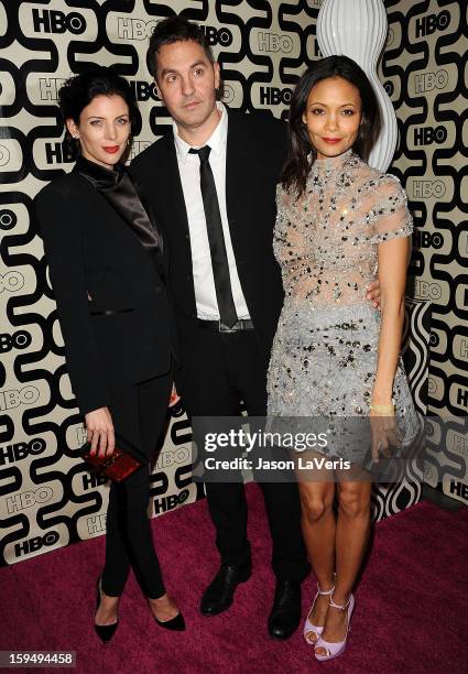 Liberty Ross, Ol Parker and Thandie Newton attend the HBO after party at the 70th annual Golden Globe Awards at Circa 55 restaurant at the Beverly...