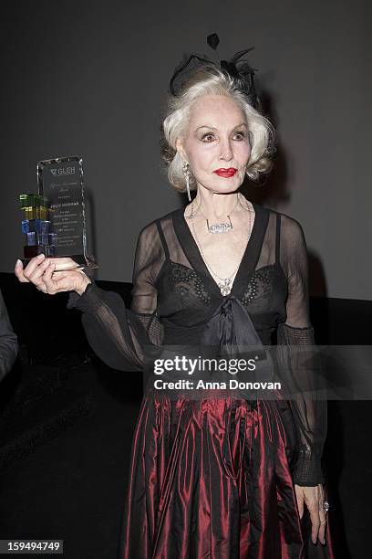 Actress Julie Newmar accepting an award at the GLEH's Golden Globe viewing gala at Jim Henson Studios on January 13, 2013 in Hollywood, California.