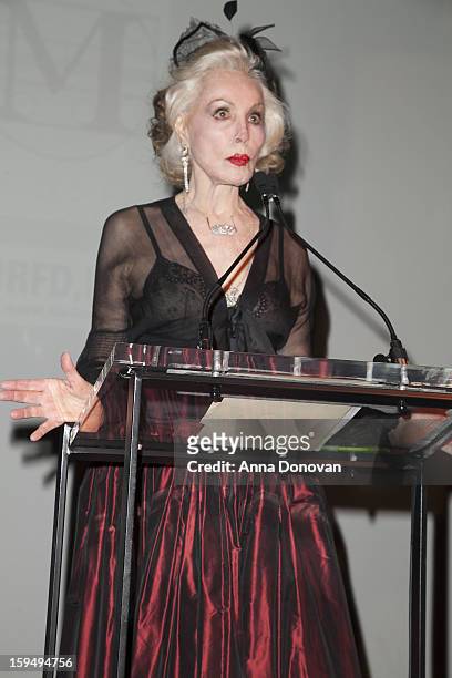 Actress Julie Newmar giving a speech and accepting an award at the GLEH's Golden Globe viewing gala at Jim Henson Studios on January 13, 2013 in...