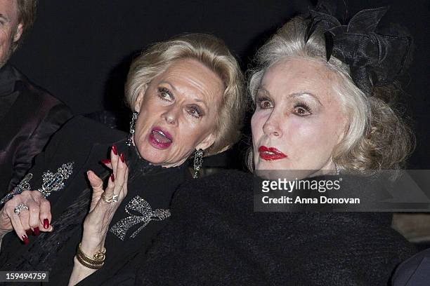 Actress Tippi Hedren talking to Julie Newmar at the GLEH's Golden Globe viewing gala at Jim Henson Studios on January 13, 2013 in Hollywood,...
