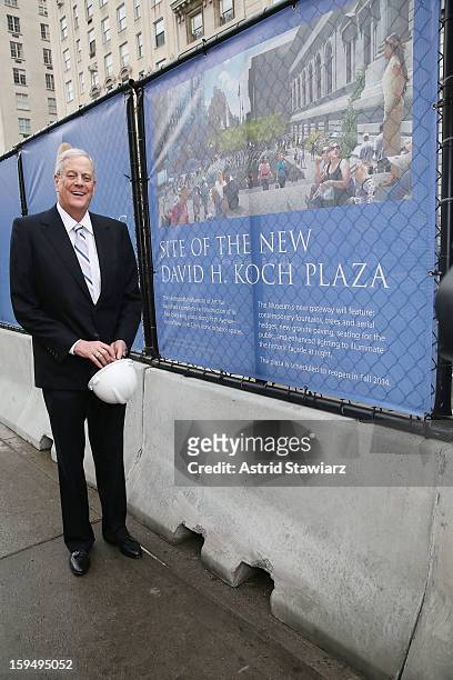 Philanthropist, David H. Koch stands in the future site of the new David H. Koch Plaza during the Fifth Avenue Plaza Groundbreaking at the...