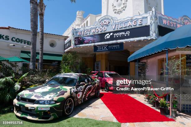 Nissan GT-R NISMO sports cars are seen outside the Fox Westwood Village Theatre, promoting the new 'Gran Turismo' movie, based on the Sony...